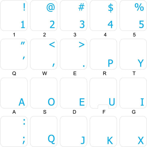4Keyboard Dvorak Simplified Keyboard Stickers with Blue Lettering ON Transparent Background