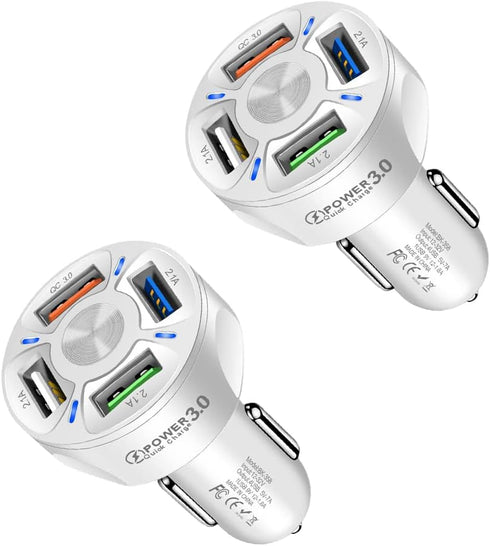 2Pack Car Charger Adapter, 4-Port USB QC 3.0 Fast Phone Charger Adapter for iPhone 13 Pro Max/12 Pro/11 Pro
