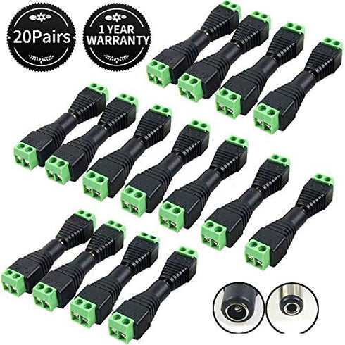 DC Power Connector 20 Pairs CCTV Power connectors 12V Male+Female 2.1x5.5MM DC Power Jack Plug Adapter Connector for CCTV Camera and LED Strip Light