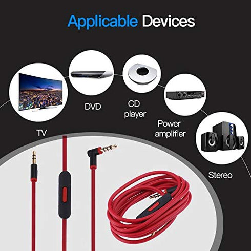 Replacement Audio Cable Cord with In-line Microphone for Beats Solo 2, Solo 3, Studio 3, Pro, Detox, Wireless, 4.6 FT