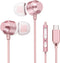 USB C Earbuds Rose Gold, Type C in Ear Headphones Wired, Stereo Bass Pink Earphones with Microphone and Volume Control