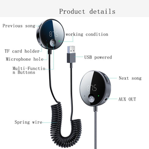 eppfun Bluetooth FM Transmitter for Car, Bluetooth AUX Adapter, Receiver for Music and Hands-Free Calls