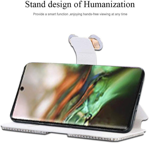 Omio Wallet Case for Galaxy Note 10 Plus, Luxury Bling Diamond Card Holder with Stand Feature (White)