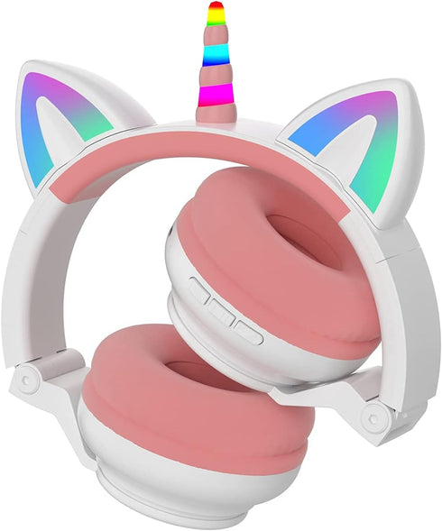 Unicorn Kids Headphones for Girls, Foldable Bluetooth Headphones for Toddlers, Light Up Wireless Headphones for
