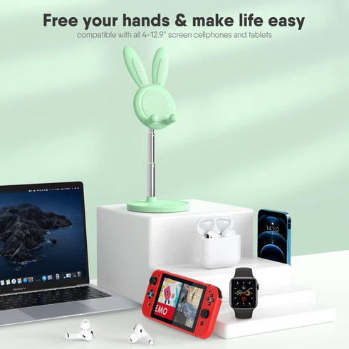 OATSBASF Adjustable Cute Bunny Phone Stand for Desk, Kawaii Phone Holder, Compatible with All Mobile Phones (Green)