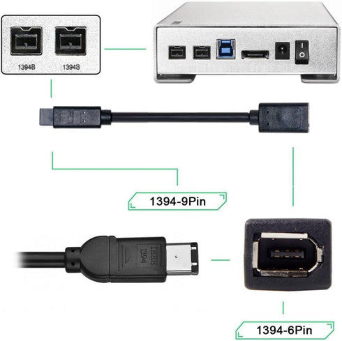 JSER IEEE 1394 6Pin Female to 1394b 9Pin Male Firewire 400 to 800 Cable, 20cm, 6 Feet
