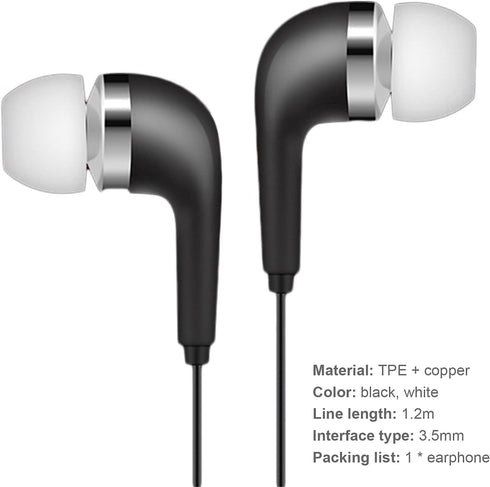 Black Wired Earbuds Headphones - in-Ear Noise Rejection Universal 3.5mm Stereo Sport Headset with Mic for School Gaming