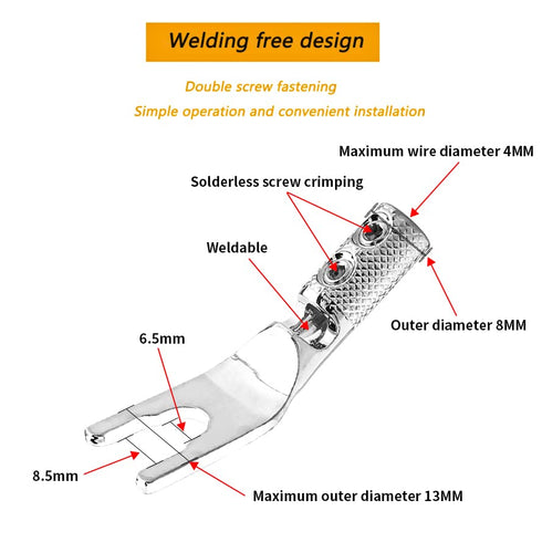 Tertullus 8 Pcs DIY Y Plugs, Pure Copper Speaker Spade Connectors, 45 Degree Rhodium Plated Screw Locking Adapter