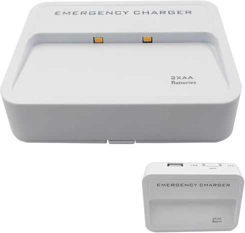 Battery Operated Phone Charger / Emergency USB Power Bank / Wall Outlet / Portable 2 AA Batteries Powered (White)