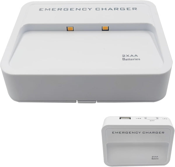 Battery Operated Phone Charger / Emergency USB Power Bank / Wall Outlet / Portable 2 AA Batteries Powered (White)