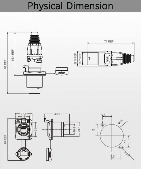 Panel Mounting RJ45 IP65 Waterproof PCB Signal Connector Cat5/5e/6 8P8C Ethernet LAN Cable Connector (2PCS RJ45 + 2PCS