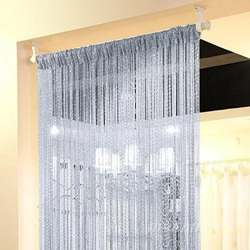 1x2 M Door String Curtain | Rare Flat Silver Ribbon Thread Fringe Window Panel | Room Divider for Wedding Coffee House