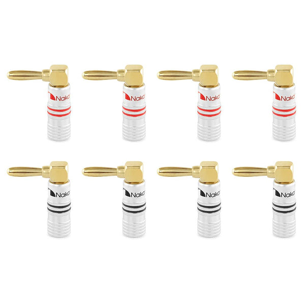 Nakamichi Excel Series 24k Gold Plated Right Angle Banana Plug 12-18 AWG 4mm for Speakers, 8 Pcs (4-Pairs)