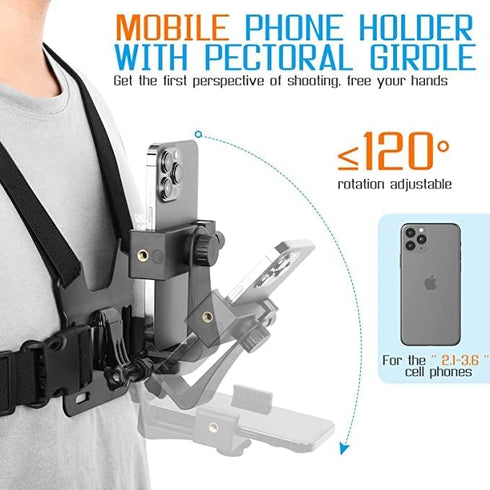 KINGKI Mobile Phone Chest Mount Harness Strap Holder Cell Phone Clip Action Camera POV for Samsung iPhone Plus etc
