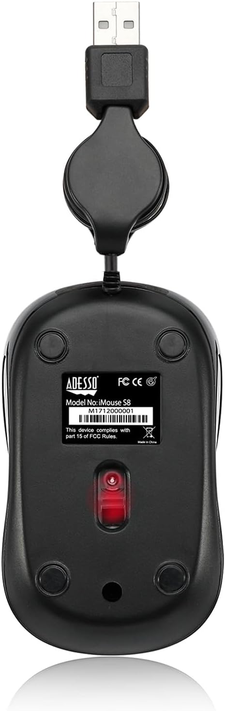 Adesso S8 Ergonomic iMouse - Retractable Optical USB Mouse (Red)