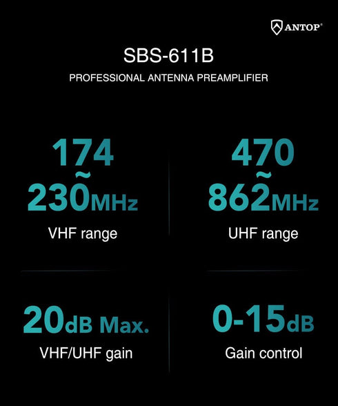 MISSMOON SBS-611B ANTOP Amplifier for TV Antenna, Digital Antenna Booster Signal Preamplifier, VHF/UFH Adjustable