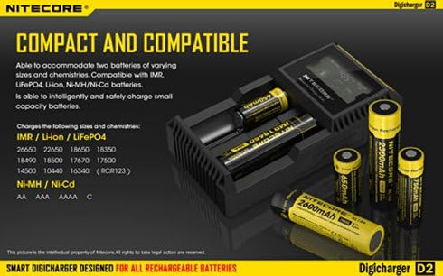 Nitecore D2 Smart Charger 2015 Version with LCD Display for Li-ion, IMR, LiFePO4 18650 26650 22650 17670 18490 17500