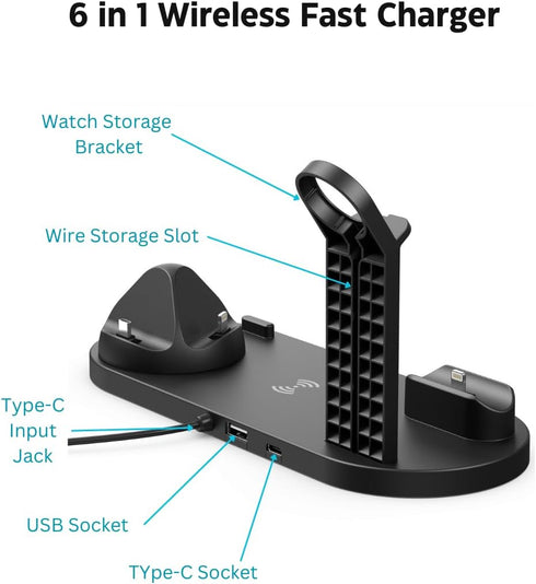 6 in 1 Wireless Fast Charger (Black) Charging Station for iPhones, Smart Phones, Airpods, Smart Watches with USB
