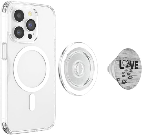 PopSockets PopGrip Black Pattern Dog Paw Print Tracks Heart Love on Gray for MagSafe