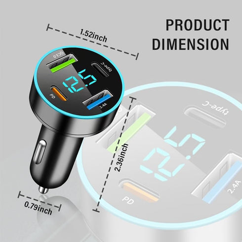 4-in-1 Fast Car Charger, PD/QC3.0/Type C Fast Charging Universal Car Phone Charger with Blue LED & Voltmeter for Car