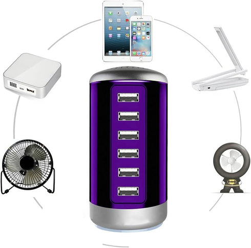 Universal 6-Port USB Charger Desktop Charging Station Hub with Smart Identification Technology, Purple