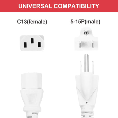 MECCANIXITY 20ft 18 18/3 C13 5-15P 10A 125V 3-Prong AWG White Universal Power Cord to NEMA Extension Power Cord