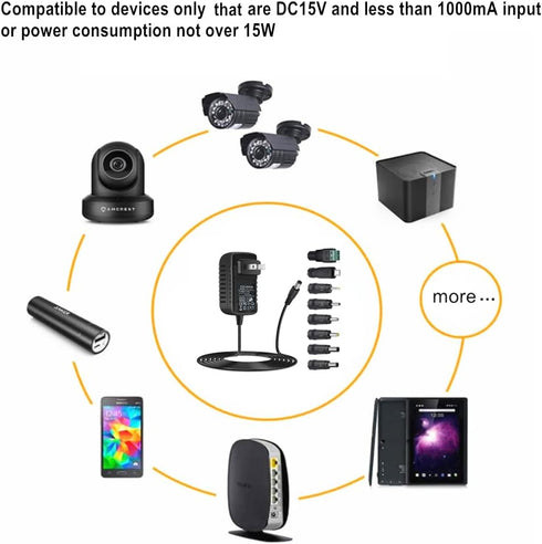 Universal AC Adapter 15V 1A Power Supply, 15W AC110V to DC15V Driver with 8 DC Plug Tips