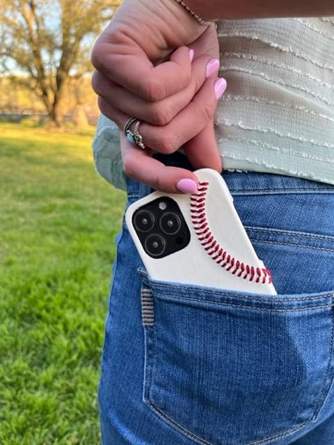 mcmadley Baseball Phone Case for iPhone 15 - Thin Protective Grip, Authentic Leather Cover with Raised Red Hand