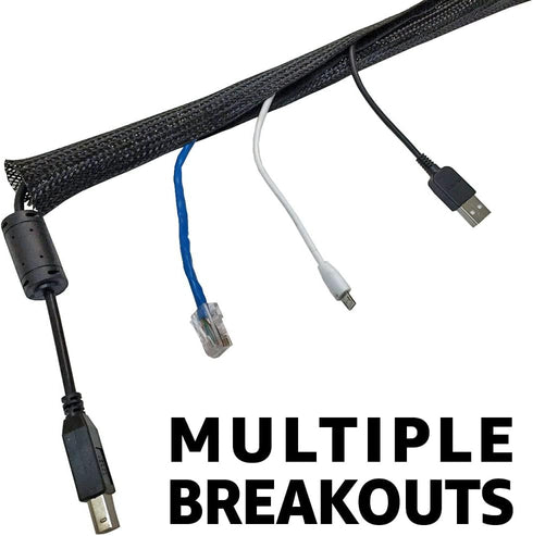 Electriduct 2" Side Entry Cable Wrap Braided Sleeving with Hook & Loop Fastener - 10 Feet, Black