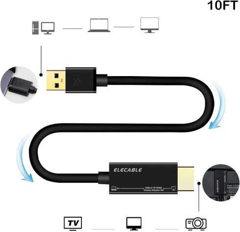 USB to HDMI Adapter Cable 10FT for Mac OS Windows, USB 3.0 to HDMI Male HD 1080P Monitor Display Converter
