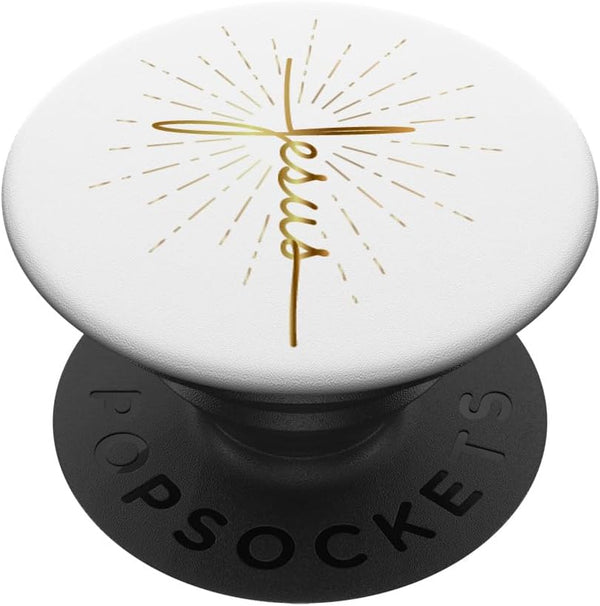 Yellow Beige Jesus Word Cross A Sunburst on White Background PopSockets Grip and Stand for Phones and Tablets