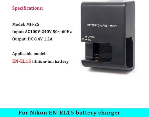 MH-25 Battery Charger, Fast Charging for Nikon EN-EL15 Battery, Compatible with D850, D800, D810 Cameras
