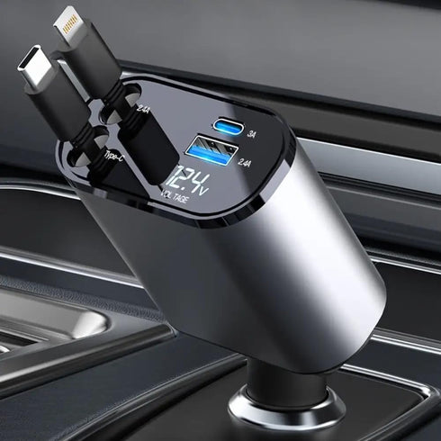 Super Premium Retractable Car Charger, 120W 4 in 1 Fast Charger for iPhone 15/14/13/12 with Retractable Cables