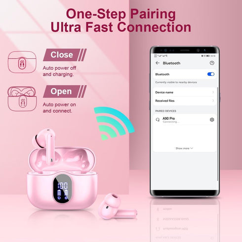 Wireless Earbuds Bluetooth 5.3 Headphones with Noise Cancelling Mic, IP7 Waterproof 36H Playtime for Sports Workout Pink