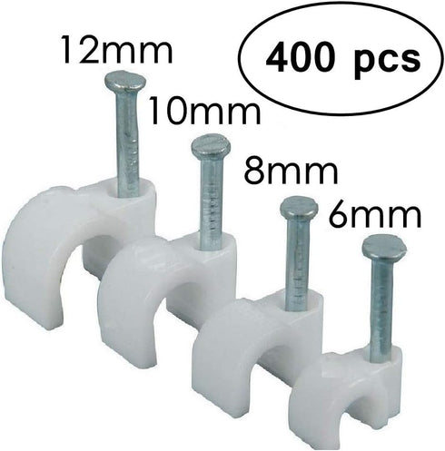 Round Cable Wire Clips for RG6/RG59/CAT5/CAT6/RJ45 - 400pcs Single Coaxial Nail Clamps (6mm + 8mm + 10mm + 12mm)