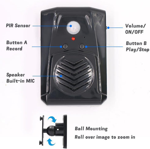 Infrared Motion Sensor Activated Sound Speaker Built with Microphone Recordable Voice for Shop Sale, Garage Door Alert, Greeting Visitor Door Chime, Security Reminder(Black)