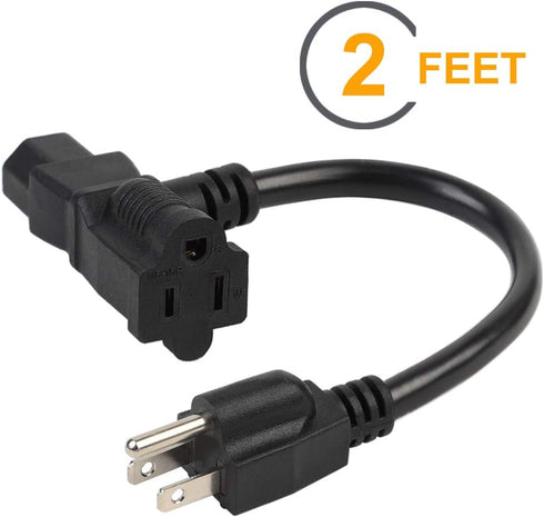 2 Feet/0.6M Nema 5-15P Male to C13/Nema 5-15R Piggyback Power Cord, UL CUL SJT 14AWG 3C