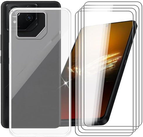 4 Pack Tempered Glass Film + Cover for Asus ROG Phone 8 Pro (6.78"), 9H Hardness Screen Protector and Soft Silicone Case Bumper Transparent Protective TPU Cases - Clear