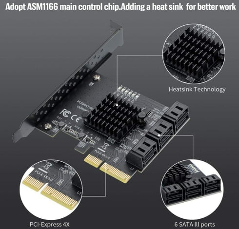 SATA 6 Port Card with 6 SATA Cables, PCI Express 4X SATA Controller, Supports WIN/10/8/7/XP/LINUX