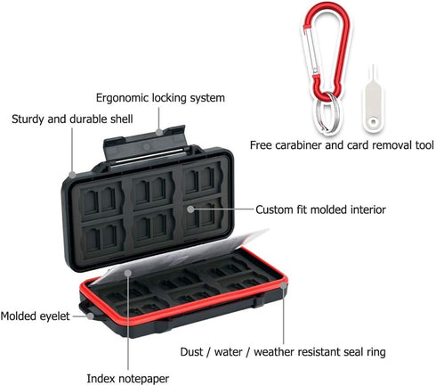 PROfezzion 48 Slots Universal Weatherproof Memory Card Carrying Case Anti-Shock Storage Holder for SD Micro SD CF Cfast XQD Nano Sim Huawei Nano Memory MSD TF CompactFlash Cfexpress SDXC SDHC Cards