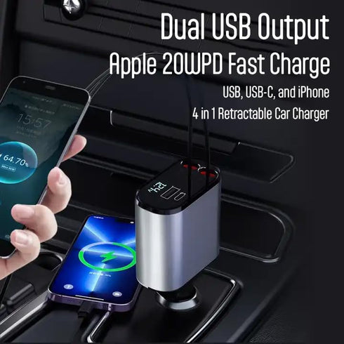 Retractable Phone Charger - Fast Car Charger USB C, 4 in 1 Retractable Car Charger for Apple and Android USB C - Car