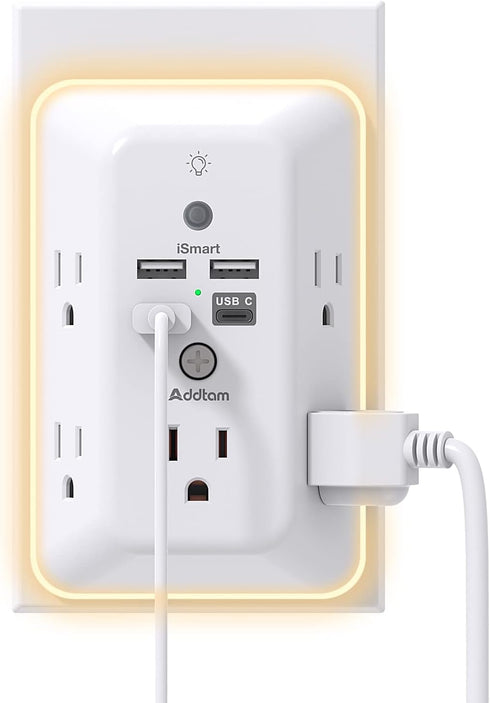 Addtam Surge Protector, Outlet Extender with Night Light, 5-Outlet Splitter and 4 USB