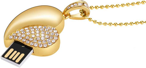 USB Flash Drive, Diamond Heart 32GB USB2.0 Waterproof Memory Stick, Date Storage Pendrive Thumb Drive (Gold Heart)