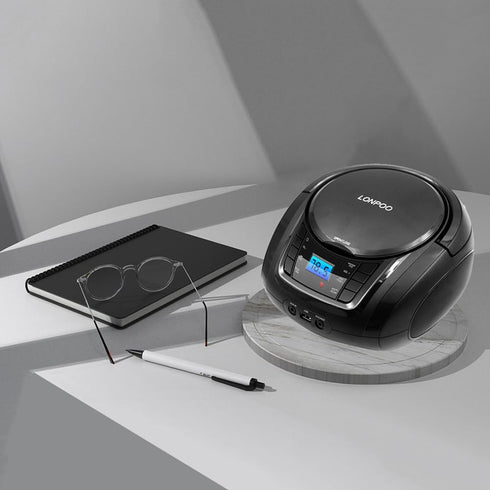 LONPOO Portable Boombox, CD Player, Bluetooth, USB, MP3, AUX, FM Radio, Built-in Stereo Speakers, Carrying Handle, LCD