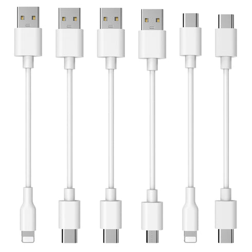 6 Pack 13 Inch Charger Cable: 2-Pack Type C USB-A, 1-Pack USB-A iPhone, 1-Pack USB-A Micro, 1-Pack USB-C, White