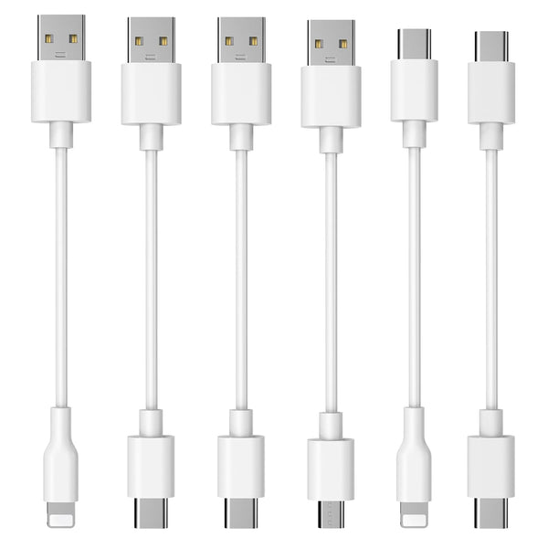 6 Pack 13 Inch Charger Cable: 2-Pack Type C USB-A, 1-Pack USB-A iPhone, 1-Pack USB-A Micro, 1-Pack USB-C, White