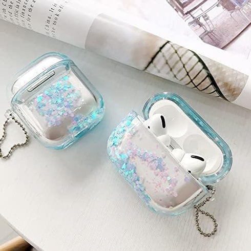 UnnFiko Bling Quicksand Case for AirPods 1 & 2 - Cute Sparkle Liquid Protective Case with Keychain (Blue)