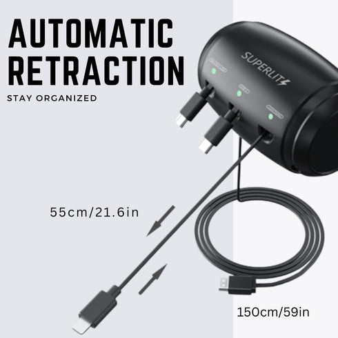 Headrest Car Fast Charger - Retractable Multi Port for USB-C, Android, Apple, 3 in 1 Headrest 3 Feet Cable Charger for