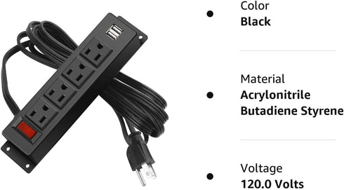 Wall Mount Power Strip with 4 Outlets, 2 USB Ports, 6FT Power Cord for Workbench, Nightstand, Dresser