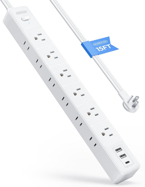 Flat Heavy Duty Extension Cord 15 FT - NTONPOWER Long Surge Protector Power Strip with 12 AC Outlets and 3 USB Ports